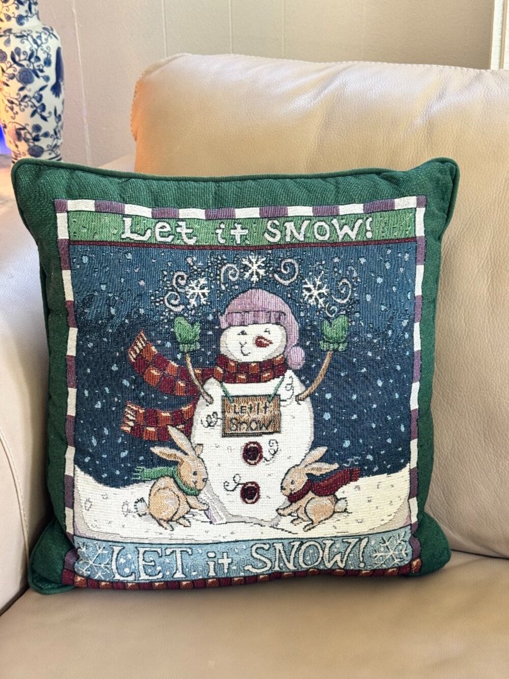 Vintage Let It Snow Snowman Bunny Christmas Tapestry Throw Pillow Green Holiday